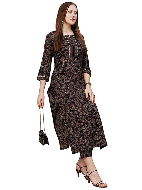 ANNI DESIGNER Women's Cotton Blend Printed Straight Kurta with Pant